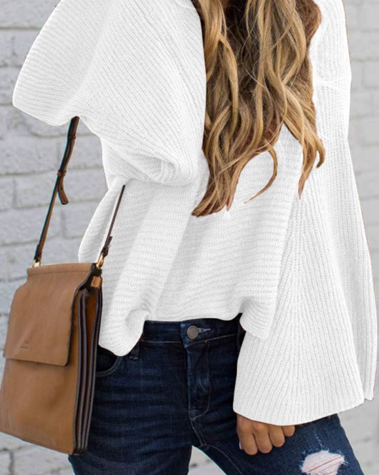 Women Autumn Knitted Bell Sleeve Casual Pullover Sweaters Women Autumn Knitted Bell Sleeve Casual Pullover Sweaters